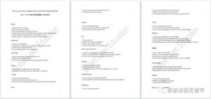 一份包含雅思口语考试问题清单的文档,按主题分类。主题包括音乐、图书馆、T恤、艺术、周末、巧克力、幸福、珠宝、熬夜、钥匙、学校、社交媒体、唱歌和家乡。