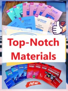 This image is an advertisement for IELTS preparation materials. It features a collage of colorful workbooks and textbooks, some labeled 'IELTS', 'UNITED LISEN', and 'Interchange'. The text 'Top-Notch Materials' is prominently displayed in the center. A cartoon-style thumbs-up icon is also present, along with the word 'Good'. The image suggests the materials are high-quality and effective for IELTS preparation, and likely targets a Chinese-speaking audience in Sri Lanka due to the presence of Chinese characters on some of the books.
