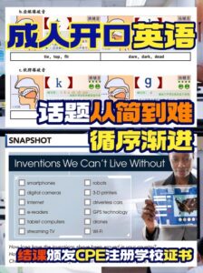 This image contains a collage of text and visual elements, potentially related to language learning. There are several lists of words accompanied by phonetic symbols, possibly representing pronunciation guides. The text '成人开口英语' is present, which may indicate an adult English speaking course. A section titled 'SNAPSHOT' lists various inventions, such as 'smartphones,' 'robots,' 'Internet,' and others, with the question 'How long have the inventions above been around in your counter?' below. The phrase '结课颁发CPE注册学校证书' is also visible, possibly indicating a certificate of completion. The image appears to be from a learning resource or advertisement, possibly for a language school in Singapore