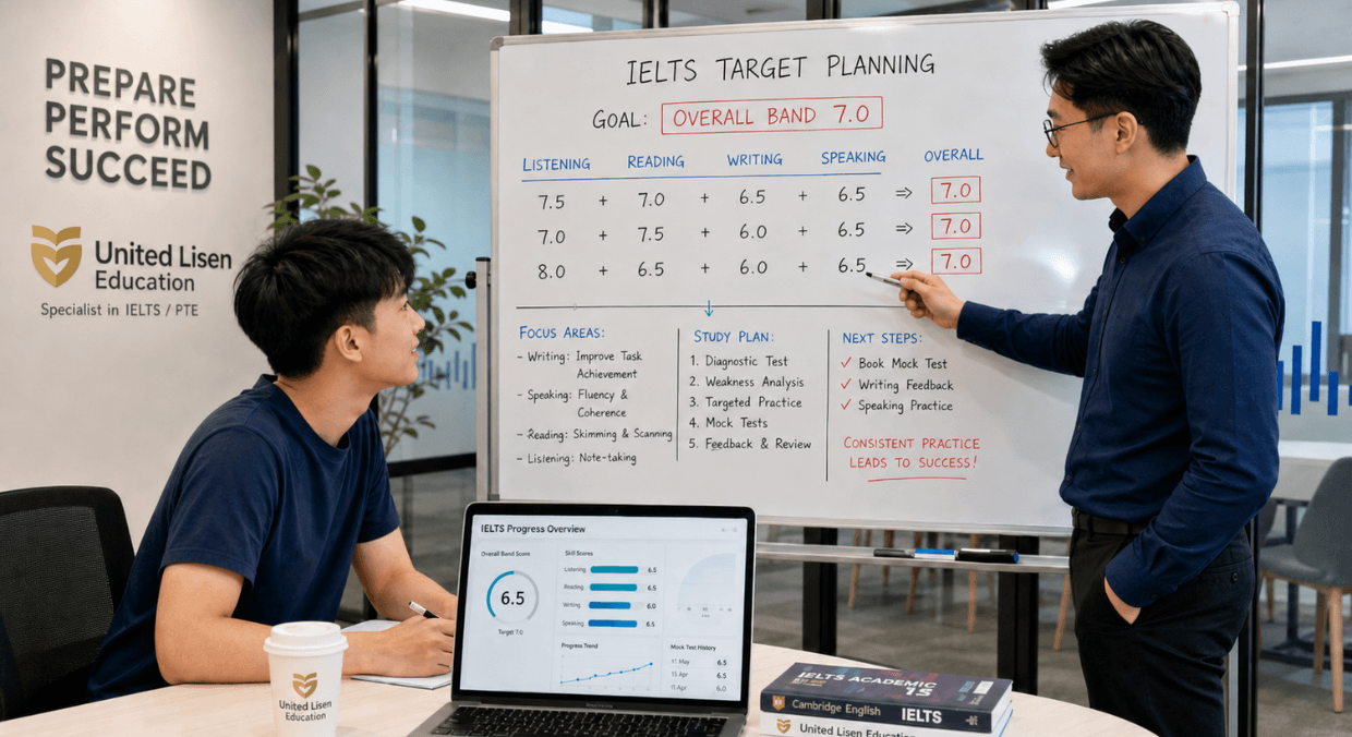 Student planning IELTS target scores strategically.