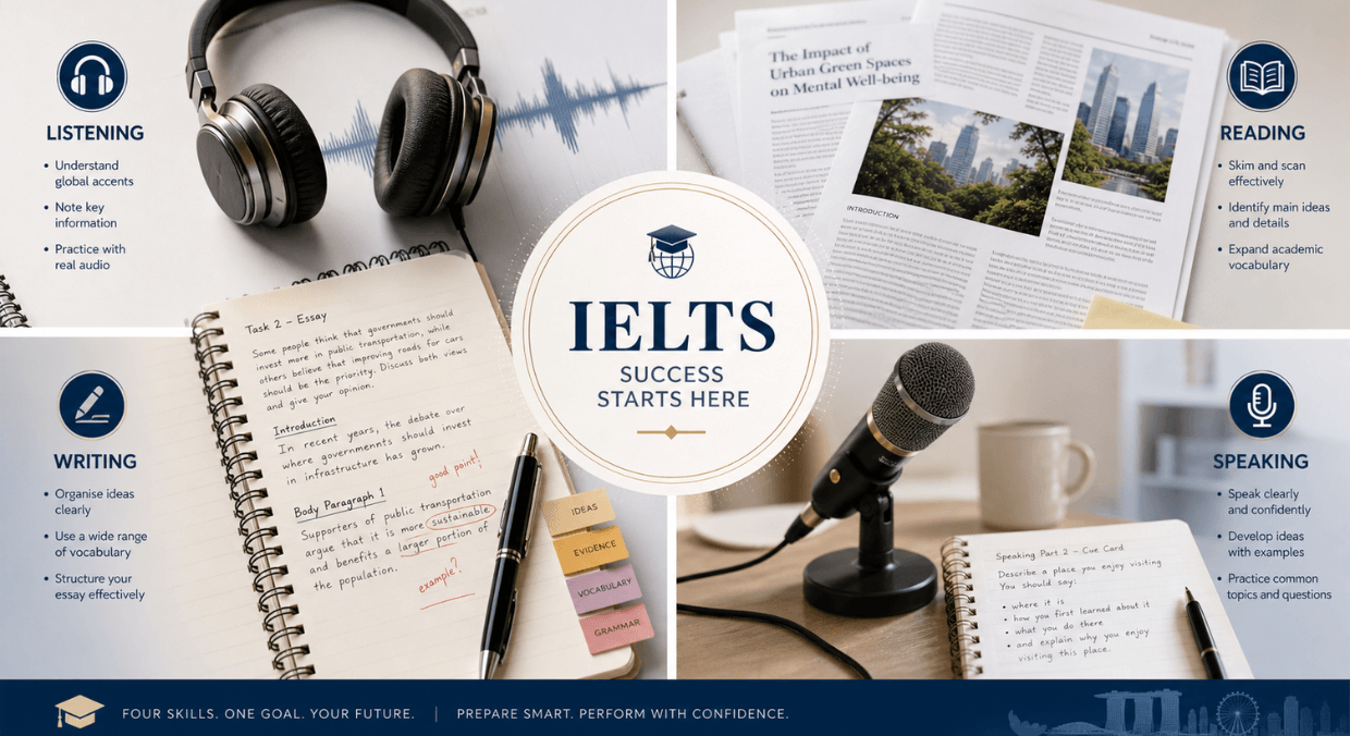 Visual breakdown of IELTS listening reading writing speaking sections